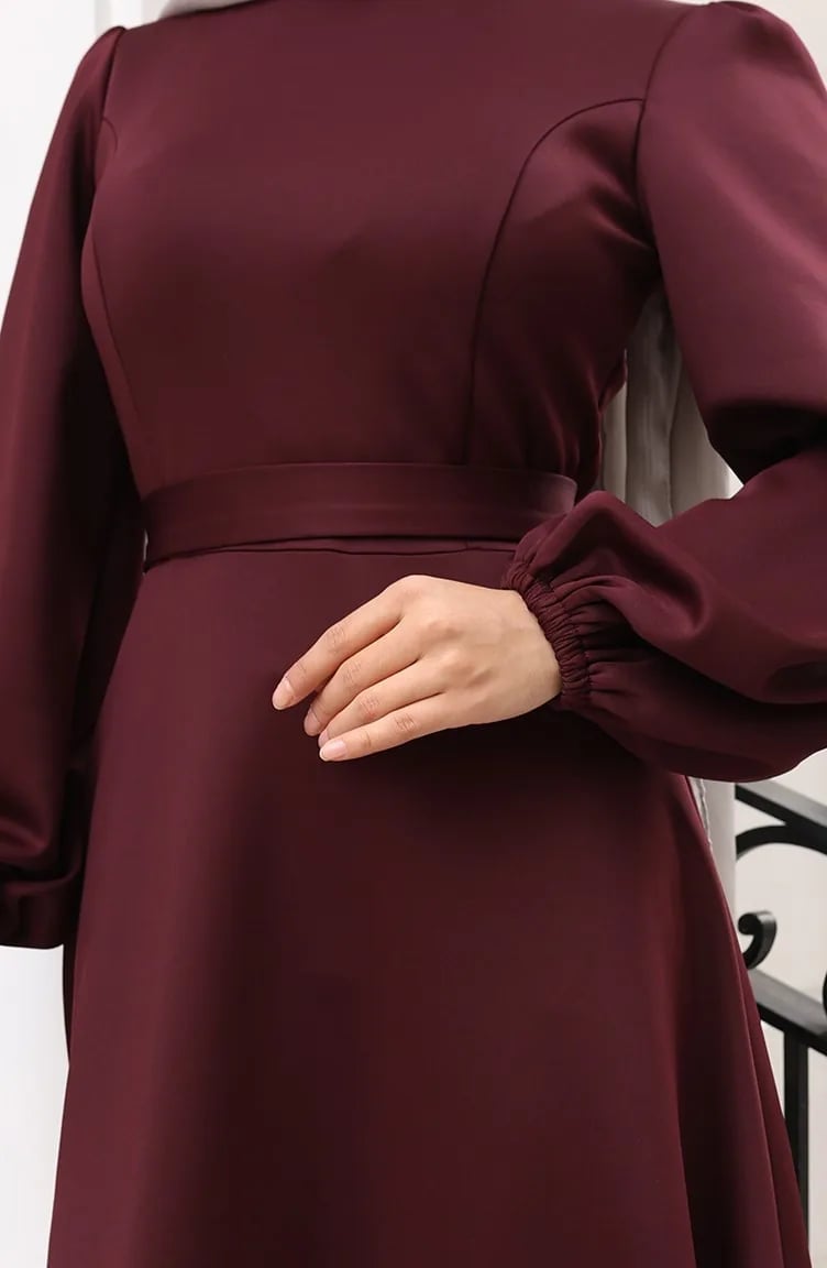 Burgundy Belted Dress with Bishop Sleeves — Simple Burgundy Outfits for Women
