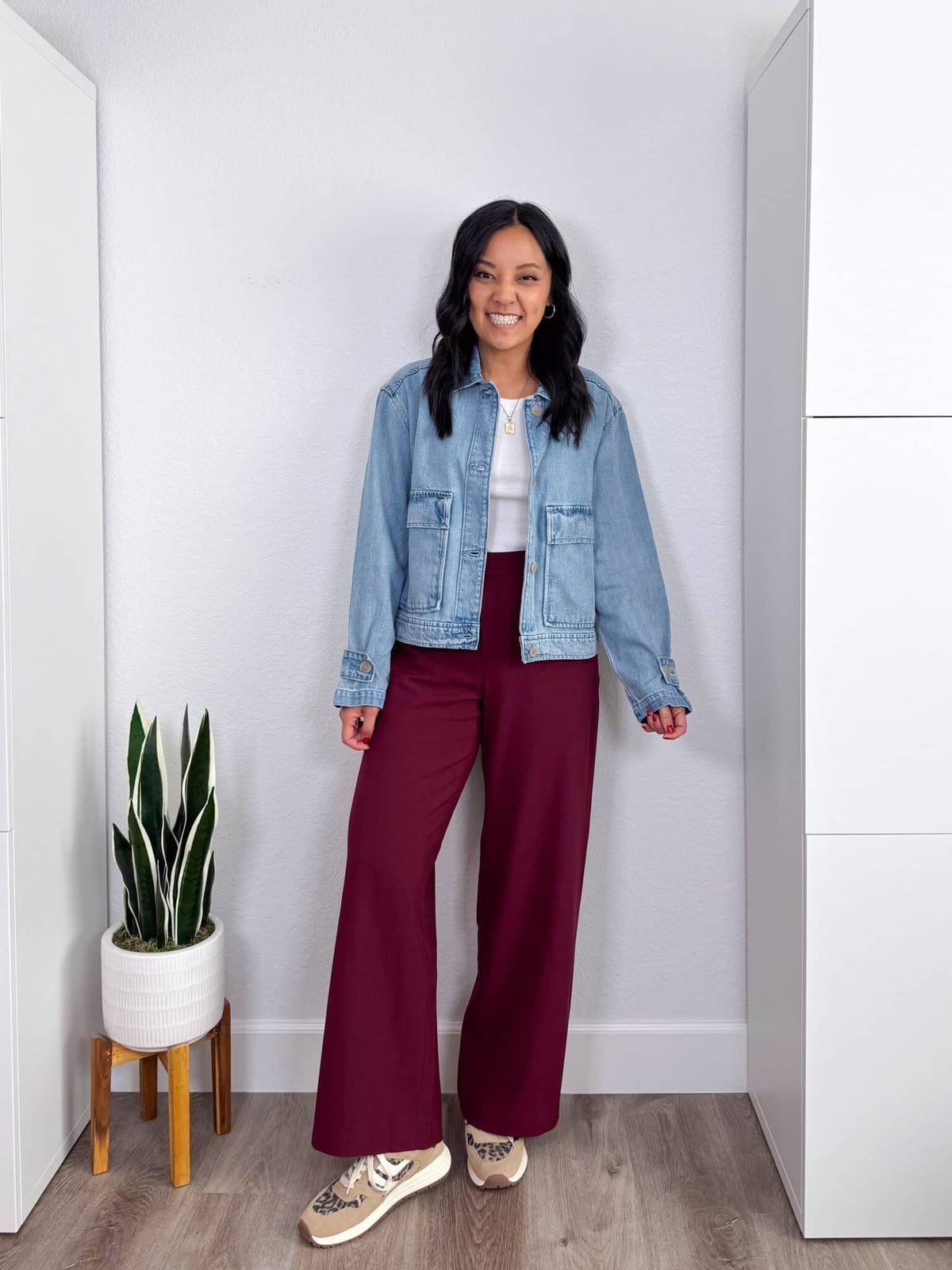Wide-leg Burgundy Trousers with Denim Jacket — Simple Burgundy Outfits for Women