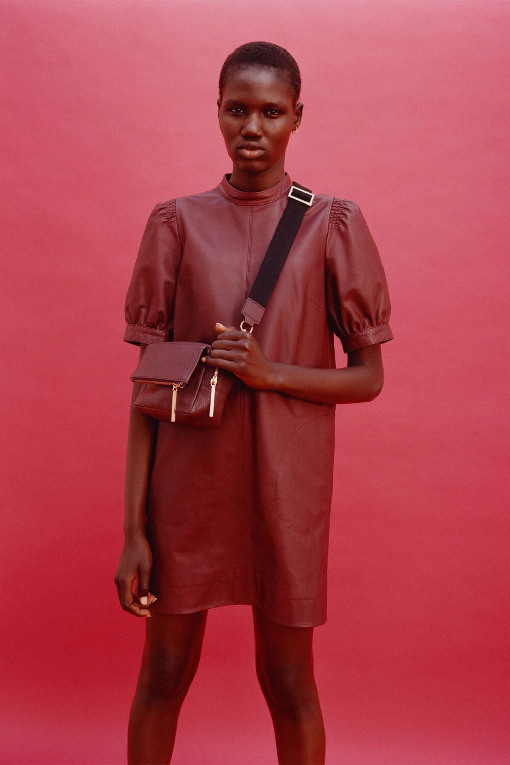 Burgundy Leather A-Line Mini Dress — Simple Burgundy Outfits for Women