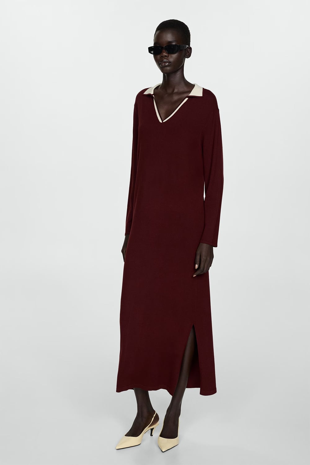 Long Burgundy Knit Dress with Contrasting Collar — Simple Burgundy Outfits for Women