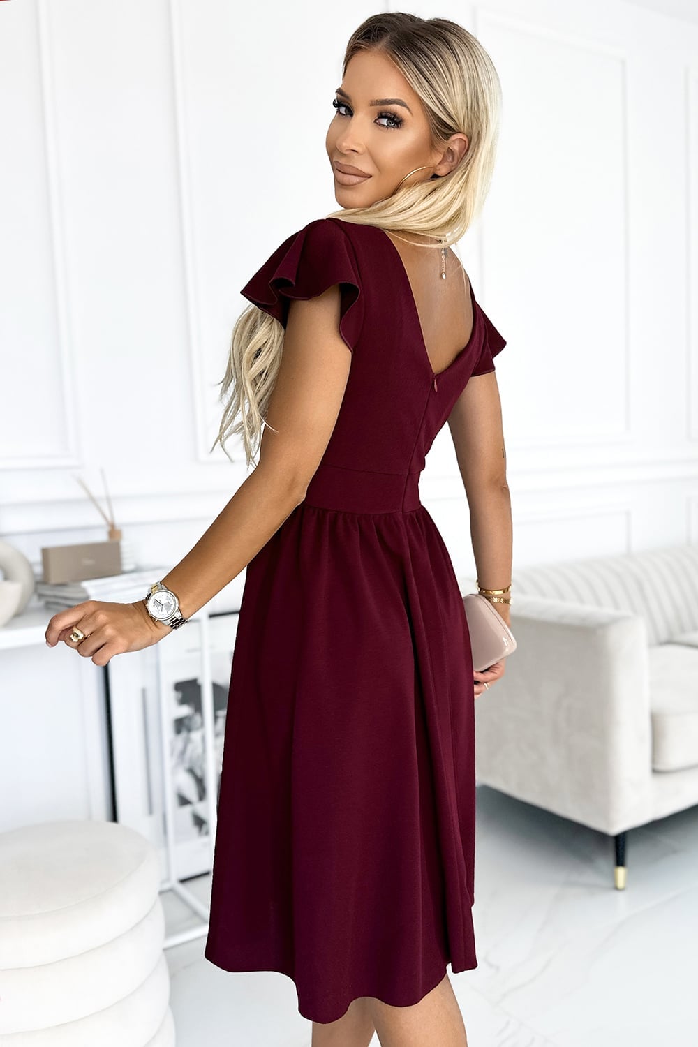 Burgundy Fit-And-Flare Dress with Flutter Sleeves — Simple Burgundy Outfits for Women