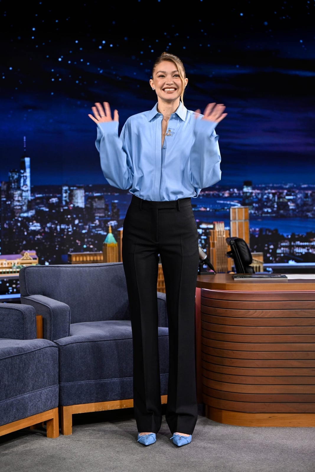 Light Blue Oversized Shirt With Black Tailored Trousers — Simple Button Down Outfits