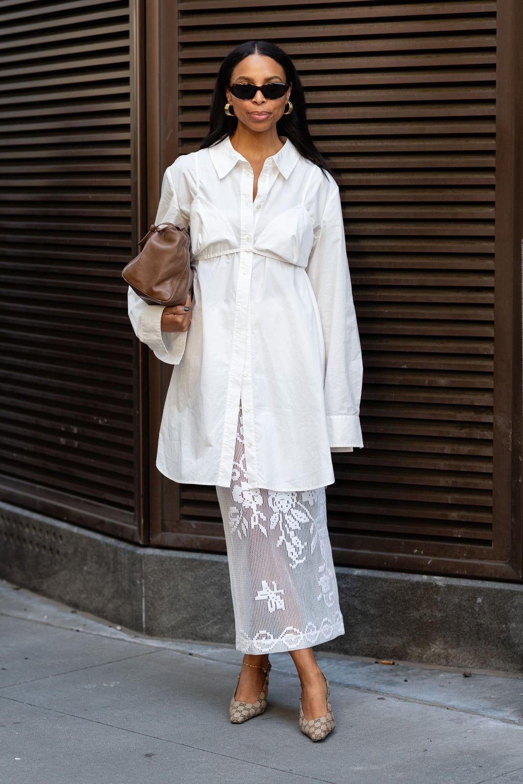 White Oversized Shirt Over Lace Skirt — Simple Button Down Outfits