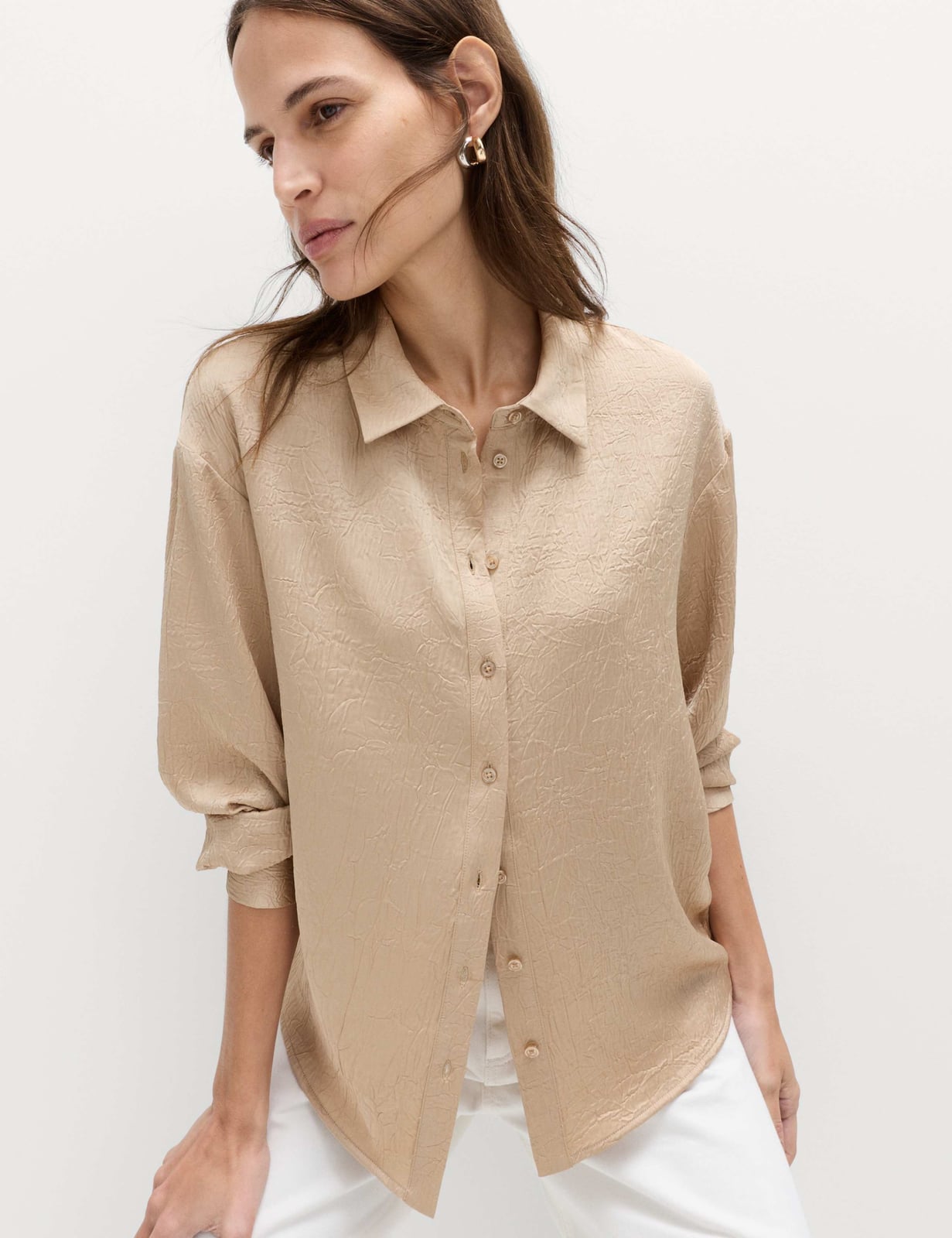 Textured Beige Shirt With White Bottoms — Simple Button Down Outfits