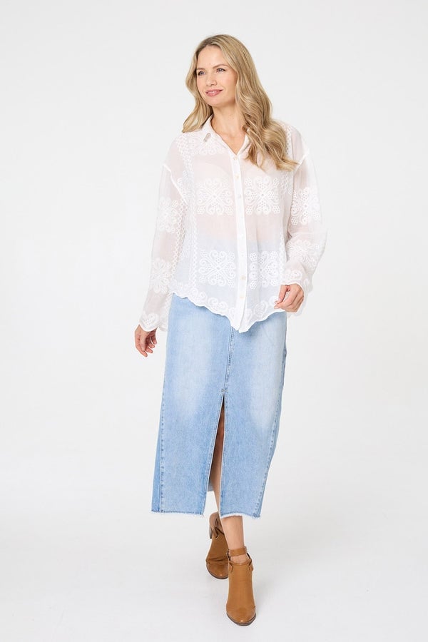 Sheer White Embroidered Shirt With Denim Skirt — Simple Button Down Outfits