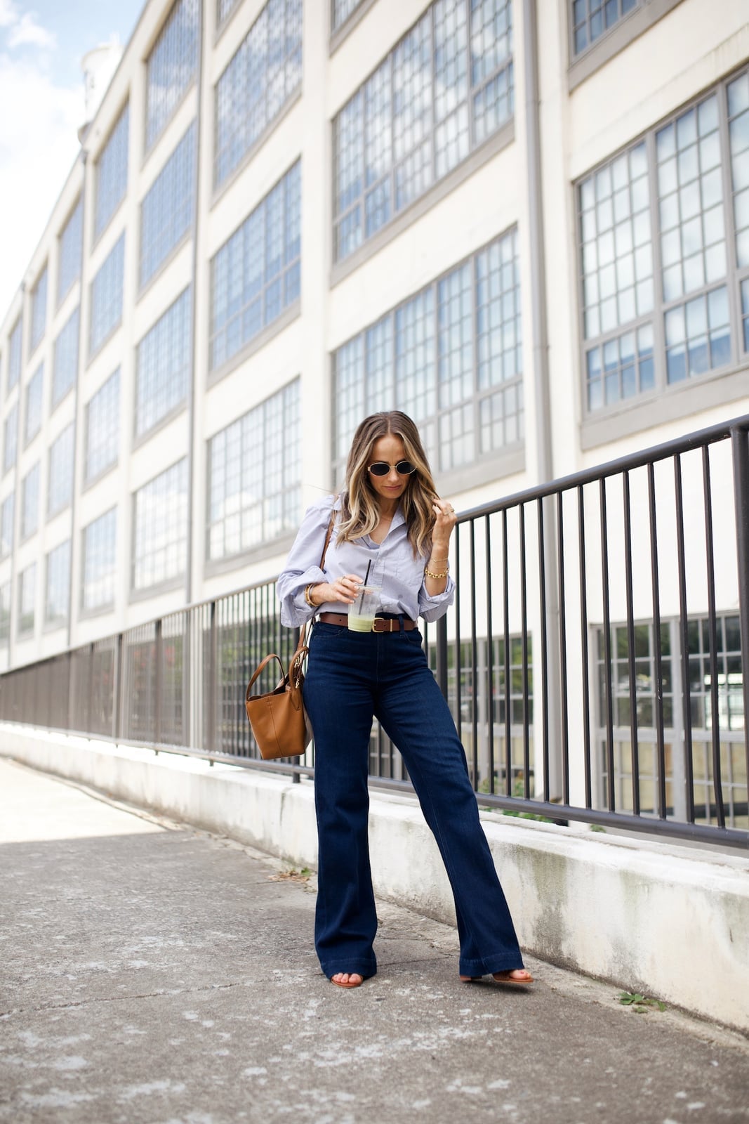 Pinstripe Shirt With Dark Wash Wide Leg Jeans — Simple Button Down Outfits