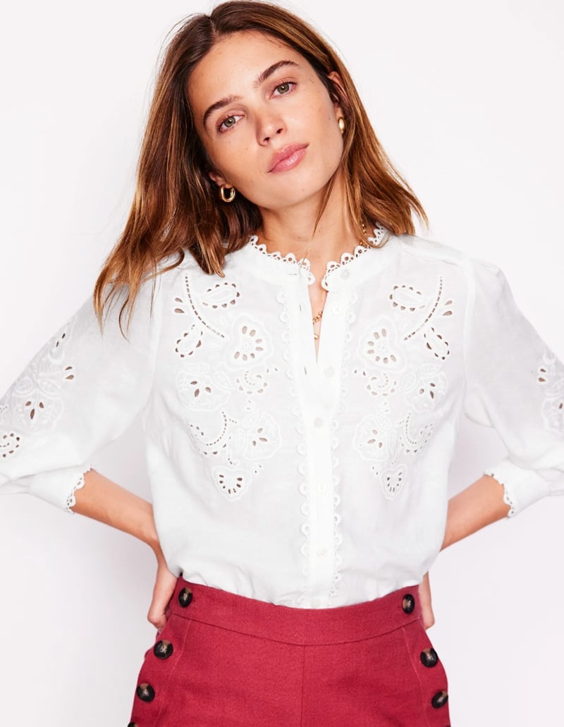 White Embroidered Shirt With Red Button Front Skirt — Simple Button Down Outfits