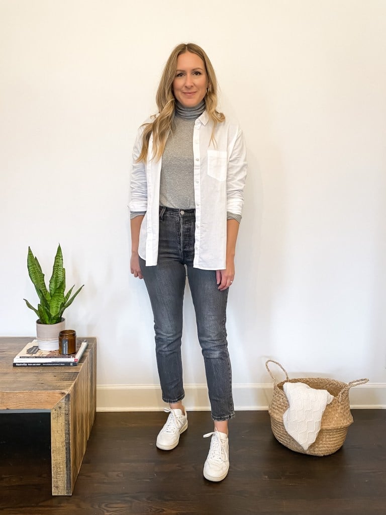 White Shirt Over Grey Turtleneck With Slim Fit Jeans — Simple Button Down Outfits