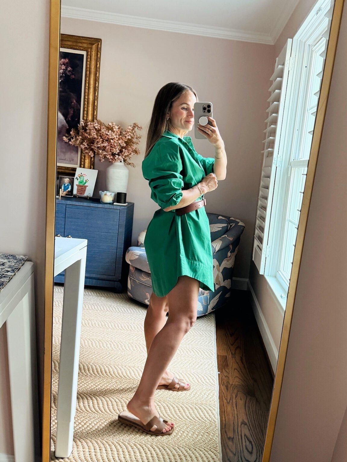 Oversized Green Shirt Dress With Brown Belt — Simple Button Down Outfits