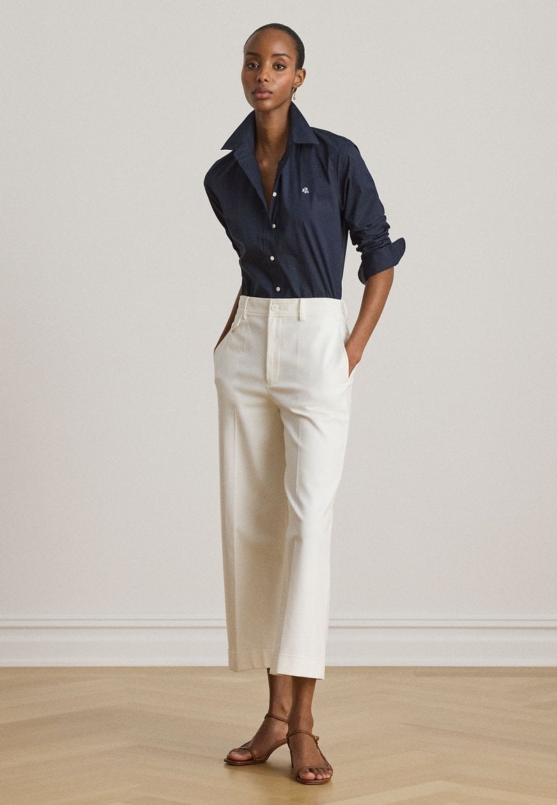 Navy Button Down With White Wide Leg Pants — Simple Button Down Outfits
