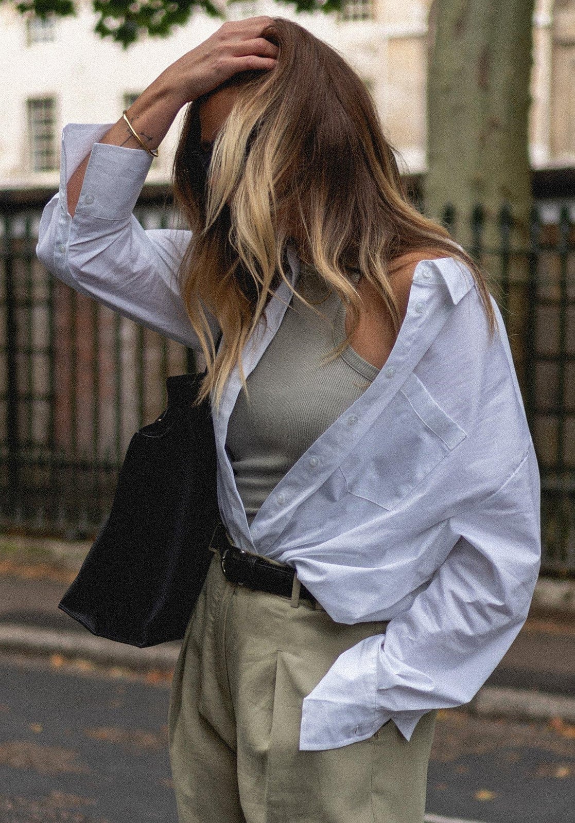 Tied White Button Down Over Olive Tank With Beige Trousers — Simple Button Down Outfits