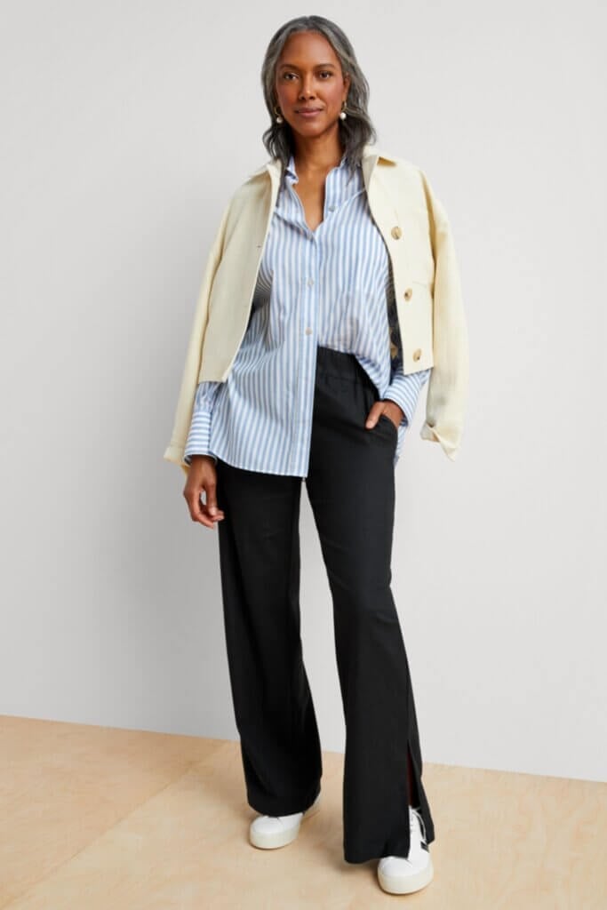 Striped Button Down Under Cream Jacket With Wide Leg Pants — Simple Button Down Outfits