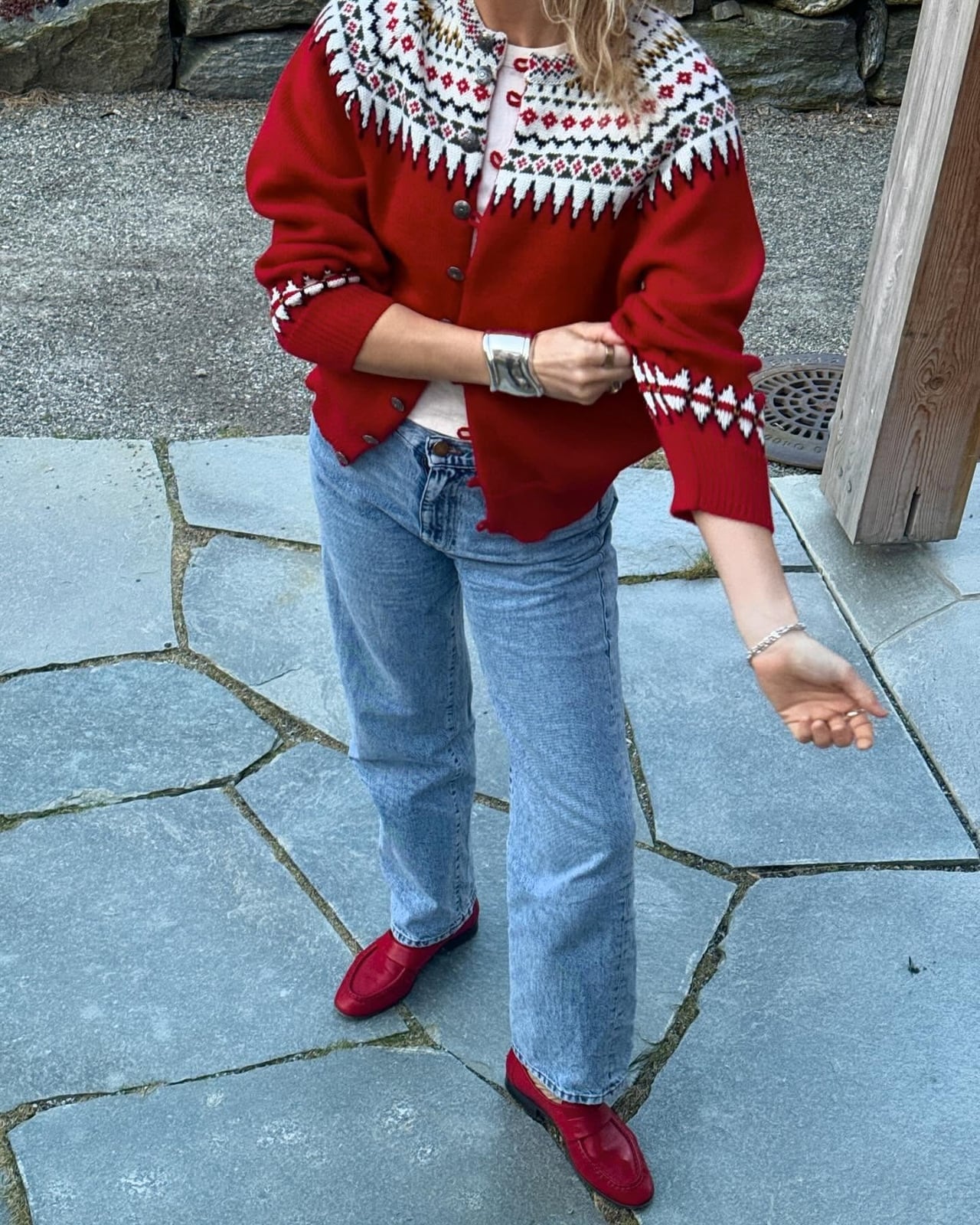 Red Fair Isle Cardigan with Straight Leg Jeans Red Fair Isle Cardigan with Straight Leg Jeans — Simple Cardigan Outfits Ideas