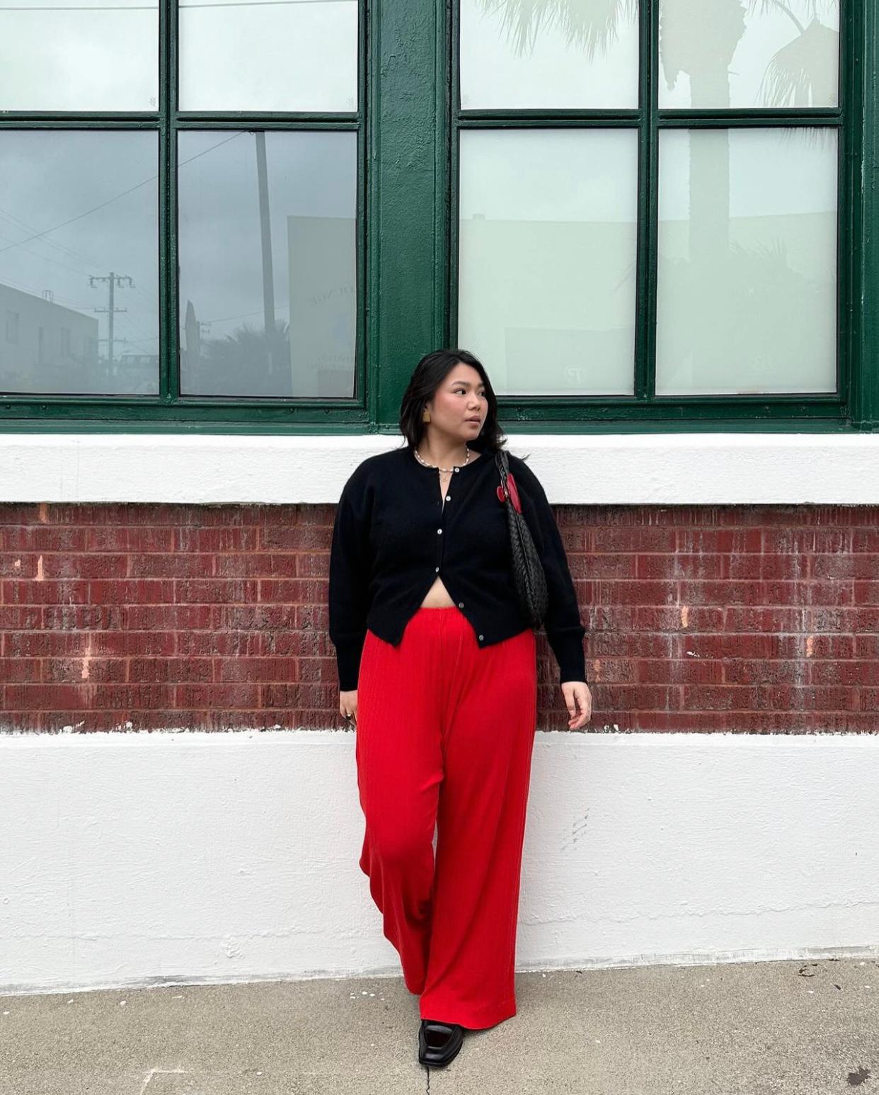 Black Cropped Cardigan with Red Wide Leg Trousers, Close-Up Take Black Cropped Cardigan with Red Wide Leg Trousers, Close-Up Take — Simple Cardigan Outfits Ideas