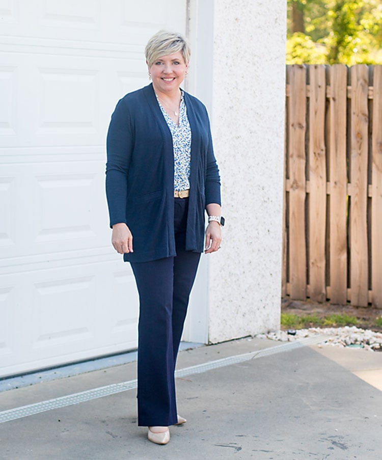 Navy Cardigan with Floral Blouse and Trousers and Gold Watch Navy Cardigan with Floral Blouse and Trousers and Gold Watch — Simple Cardigan Outfits Ideas