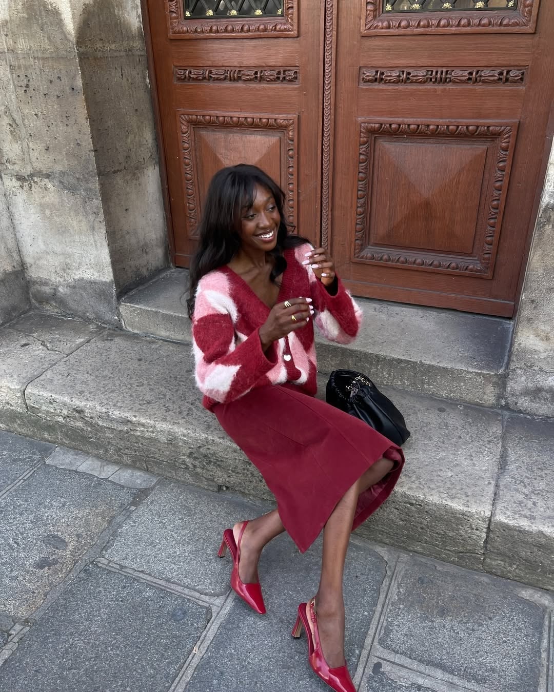 Pink and Red Striped Cardigan with Burgundy Skirt, Close-Up Take Pink and Red Striped Cardigan with Burgundy Skirt, Close-Up Take — Simple Cardigan Outfits Ideas