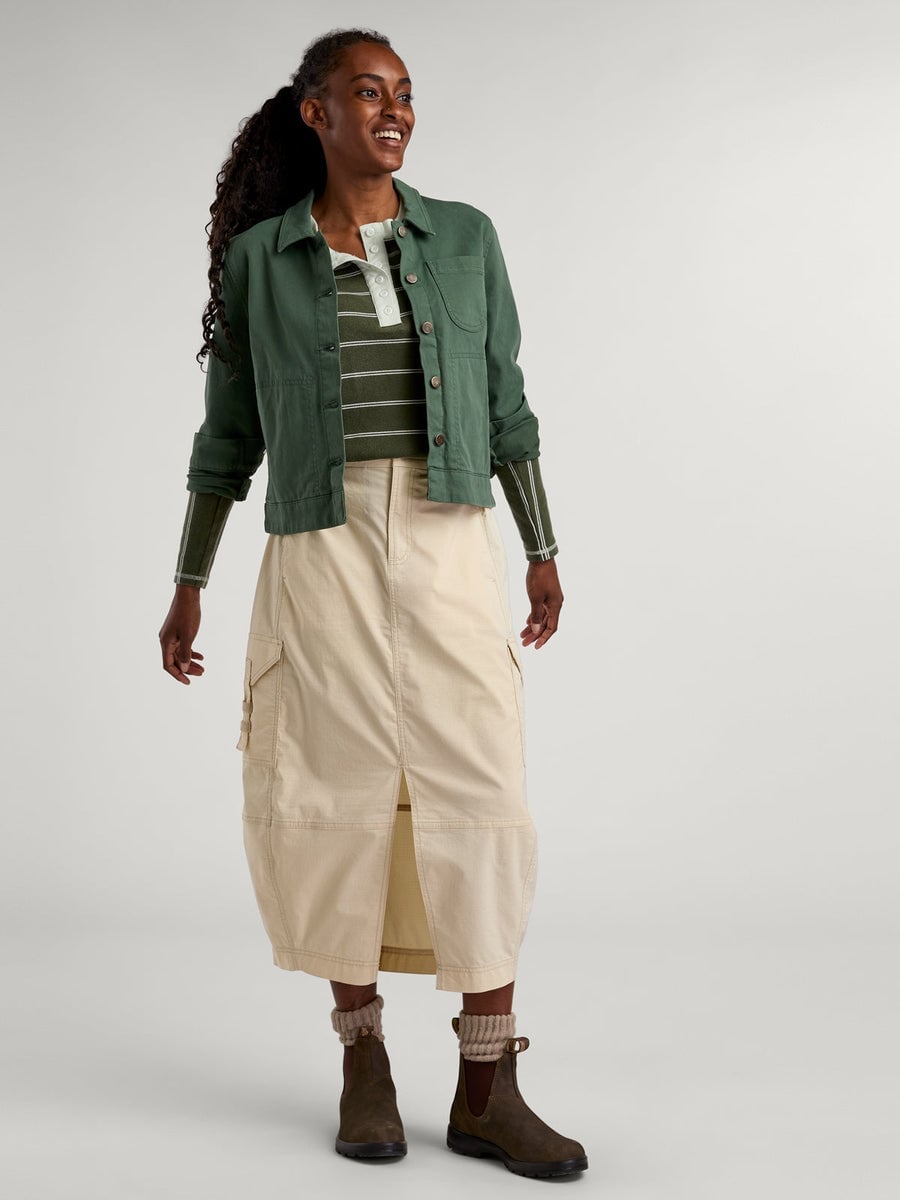Beige A-line Cargo Skirt with a Striped Top and Green Jacket Beige A-line Cargo Skirt with a Striped Top and Green Jacket — Simple Cargo Skirt Outfits