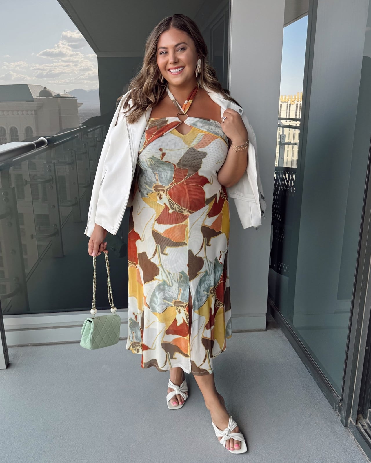 Abstract Print Midi Dress with White Jacket Abstract Print Midi Dress with White Jacket — Simple Casino Outfits