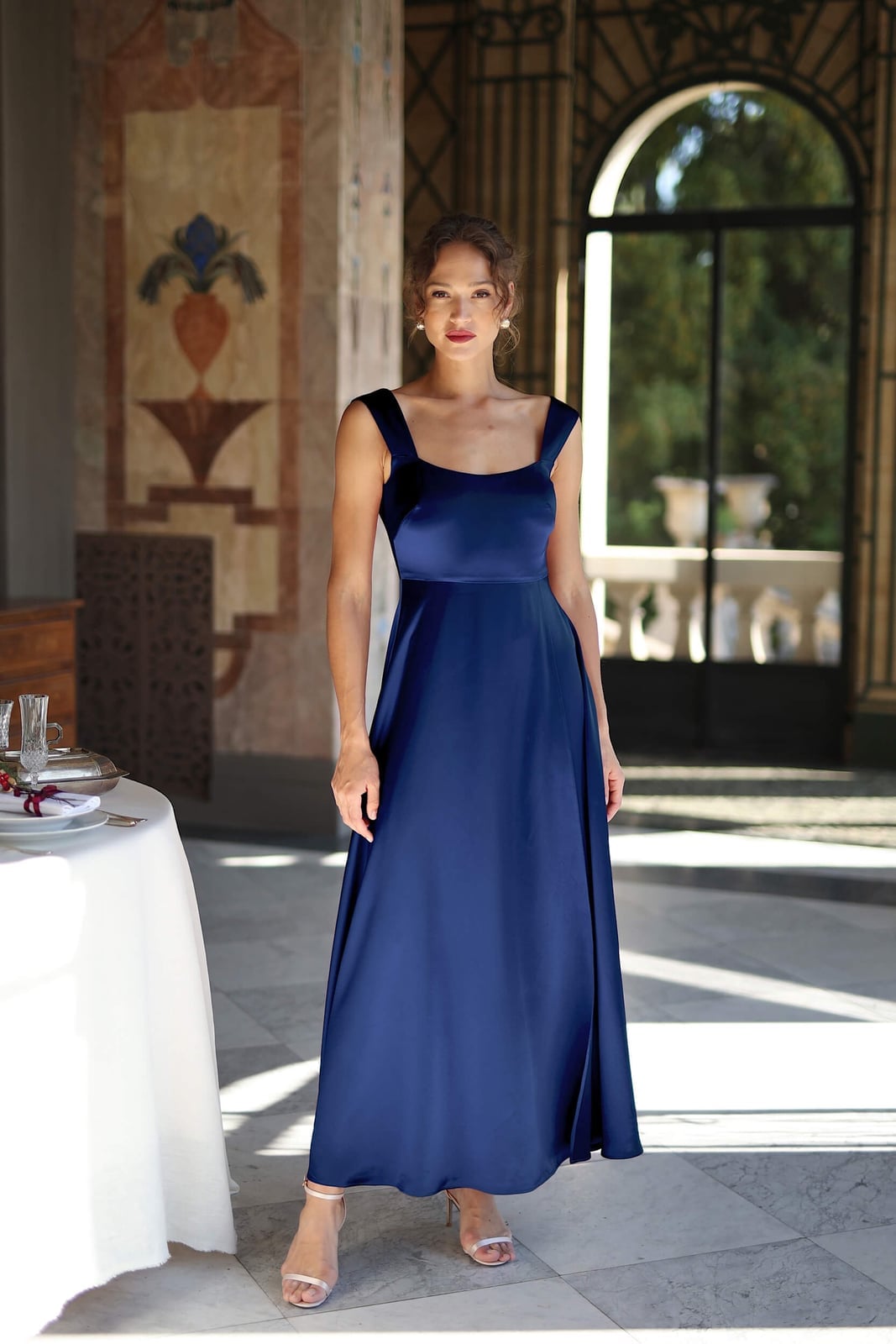 Navy Blue Satin A-Line Maxi Dress Navy Blue Satin A-Line Maxi Dress — Simple Casino Outfits
