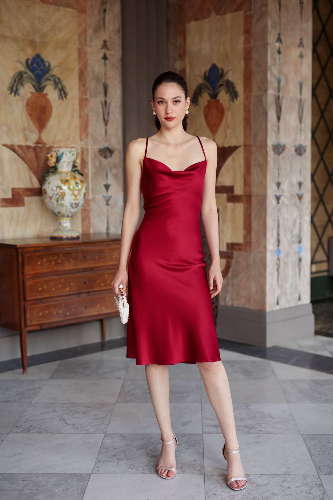 Red Satin Slip Dress with Silver Heels Red Satin Slip Dress with Silver Heels — Simple Casino Outfits