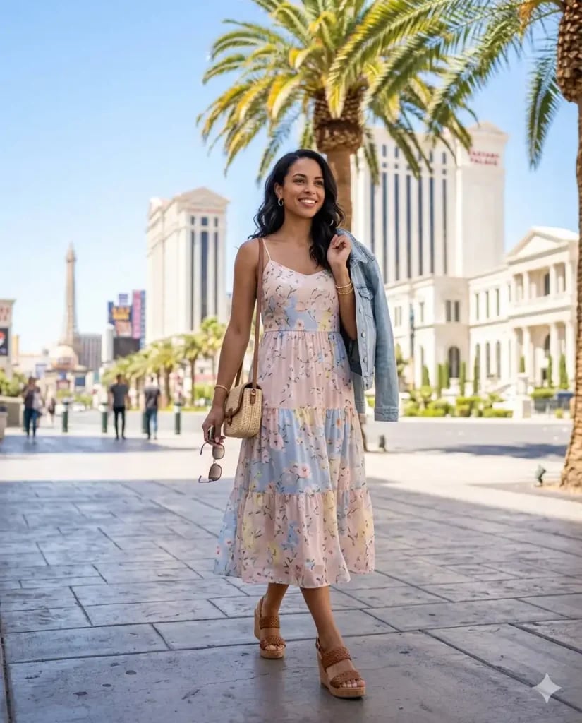 Tiered Floral Dress with Denim Jacket Tiered Floral Dress with Denim Jacket — Simple Casino Outfits