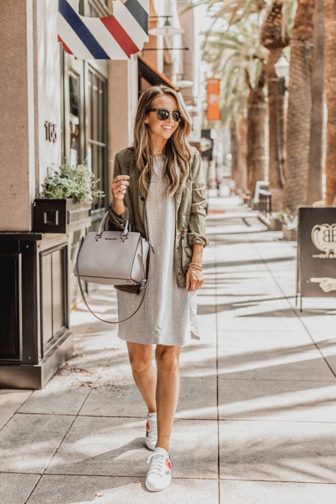 Grey T-shirt Dress With Utility Jacket Grey T-shirt Dress With Utility Jacket — Simple Casual Dresses Outfits