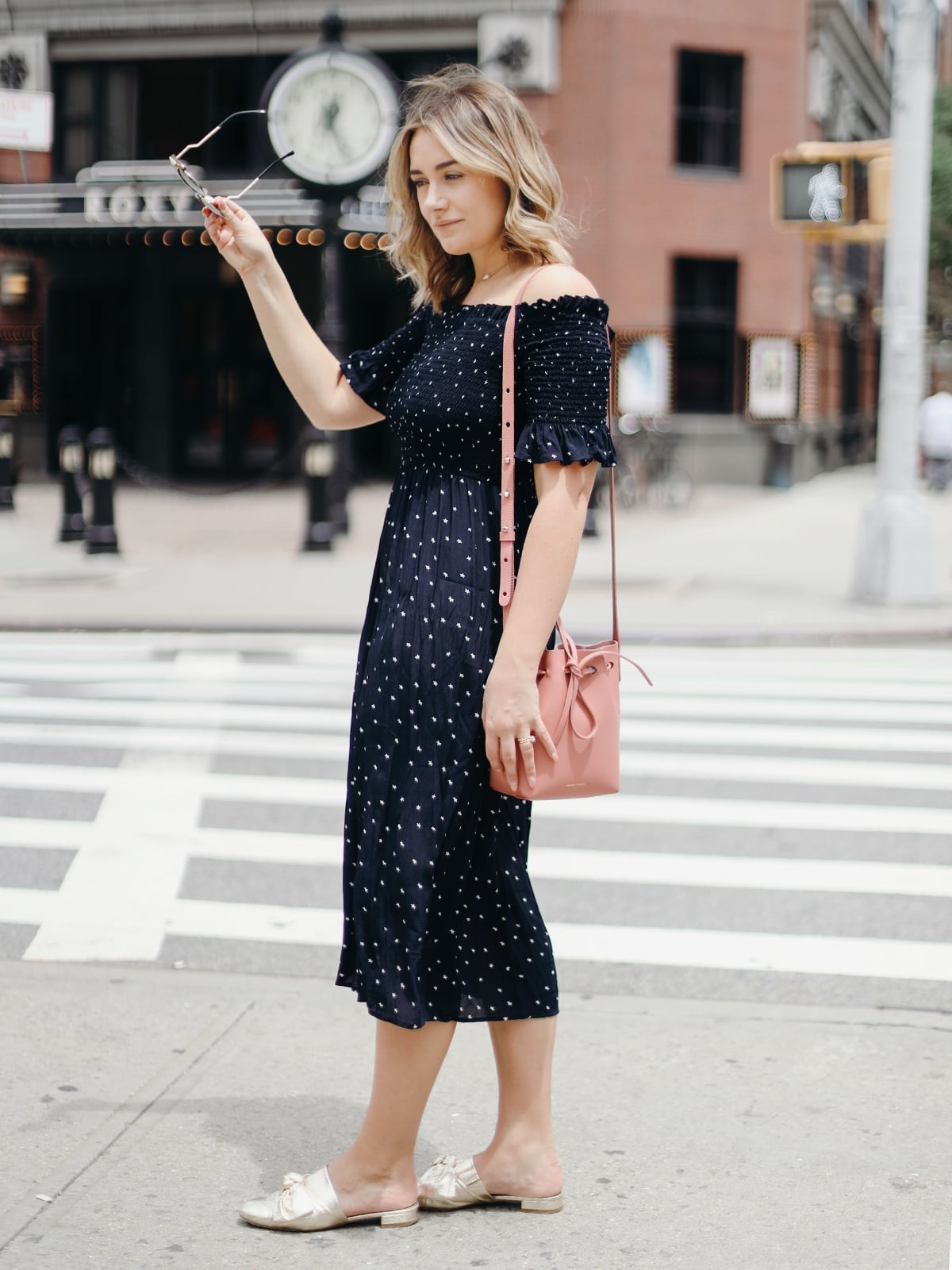 Navy Off-Shoulder Smocked Midi Dress Navy Off-Shoulder Smocked Midi Dress — Simple Casual Dresses Outfits