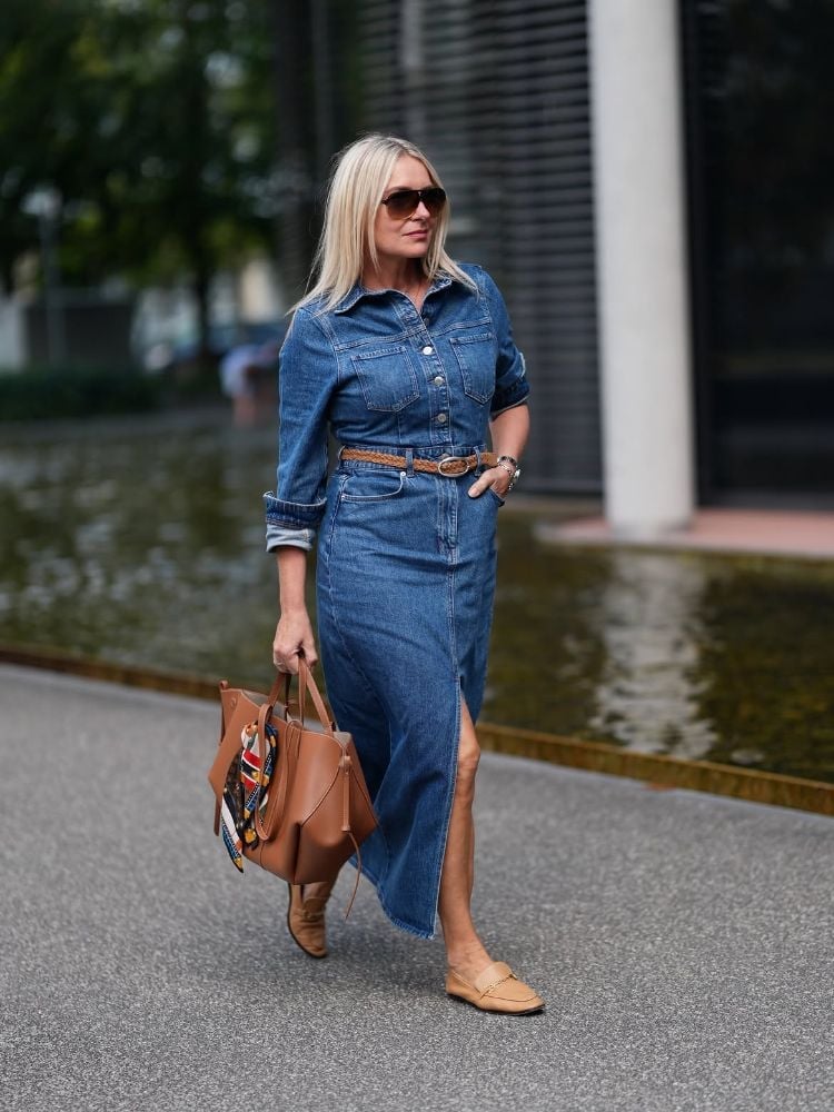 Blue Denim Shirt Dress With Woven Belt Blue Denim Shirt Dress With Woven Belt — Simple Casual Dresses Outfits
