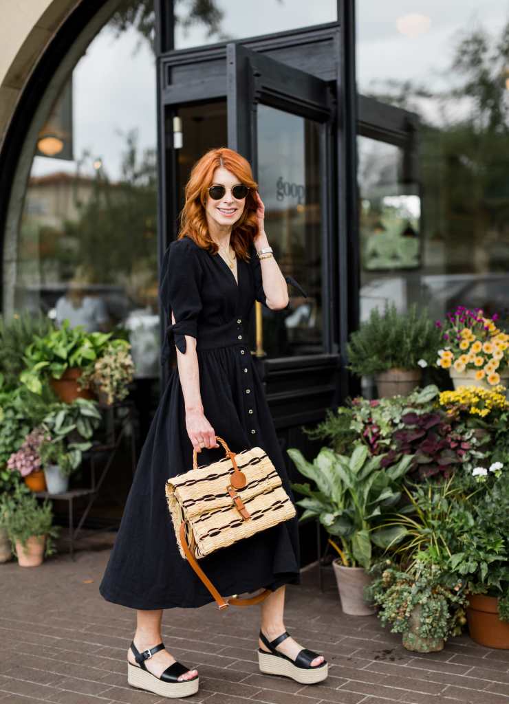 Black Button-Front Midi Dress With Tie Sleeves Black Button-Front Midi Dress With Tie Sleeves — Simple Casual Dresses Outfits