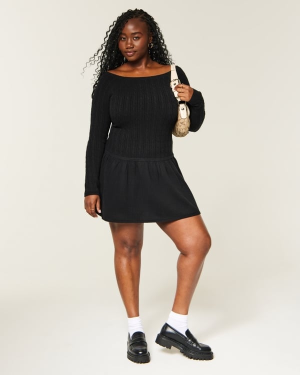 Black Off-Shoulder Knit Dress With Loafers Black Off-Shoulder Knit Dress With Loafers — Simple Casual Dresses Outfits