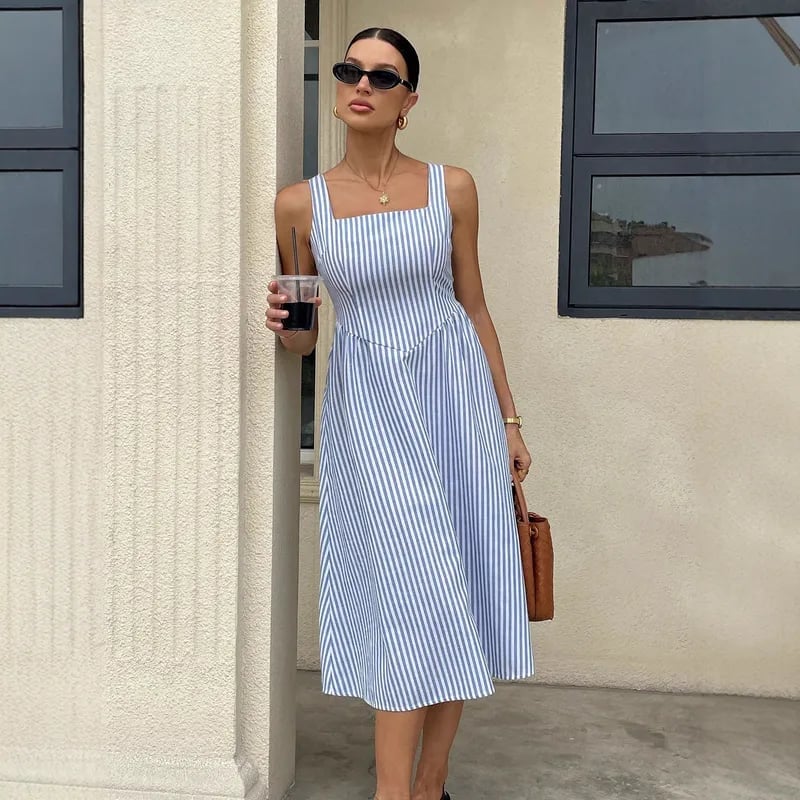 Blue And White Striped Midi Dress With Square Neckline Blue And White Striped Midi Dress With Square Neckline — Simple Casual Dresses Outfits