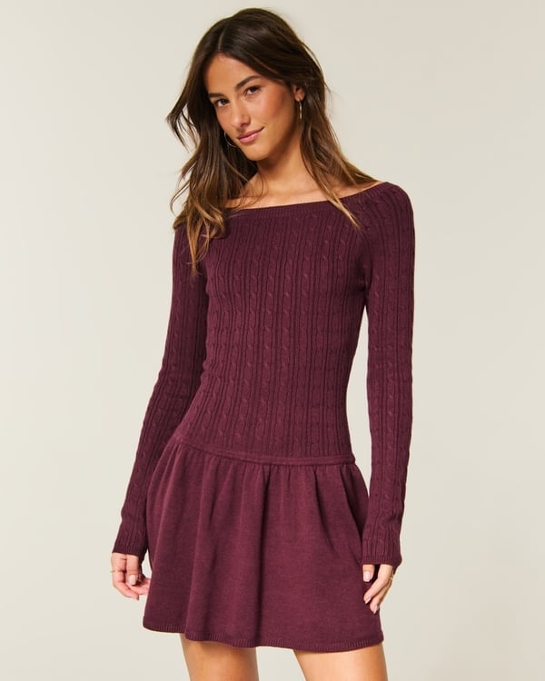 Burgundy Cable Knit Dress With Flared Skirt Burgundy Cable Knit Dress With Flared Skirt — Simple Casual Dresses Outfits
