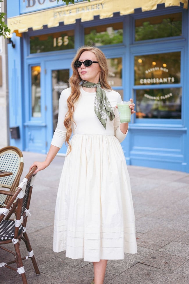 White Long Sleeve Dress With Gathered Waist White Long Sleeve Dress With Gathered Waist — Simple Casual Dresses Outfits