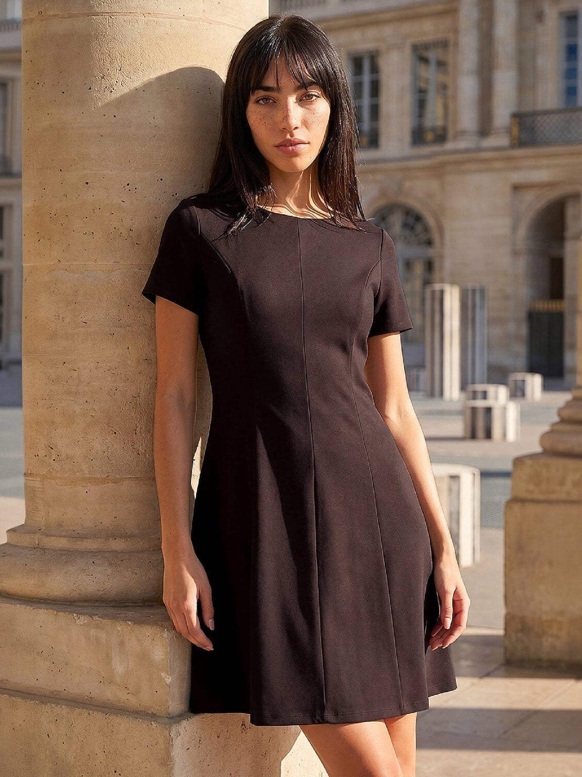 Dark Brown Short Sleeve A-line Dress Dark Brown Short Sleeve A-line Dress — Simple Casual Dresses Outfits