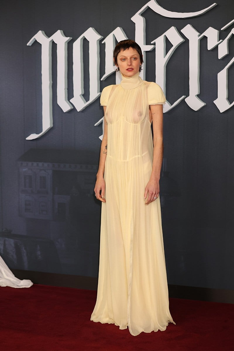 Pale Yellow Sheer Chiffon Gown with Beaded Trim Pale Yellow Sheer Chiffon Gown with Beaded Trim — Simple Celebrities Dresses