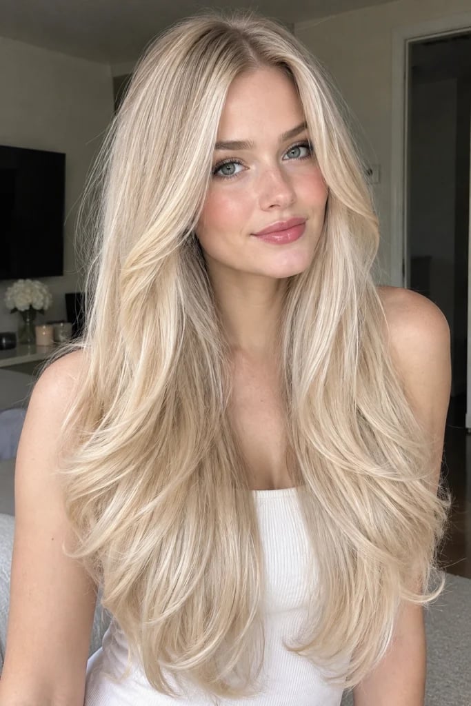 Mid-Back Length Ash Champagne Blonde With Layers Mid-Back Length Ash Champagne Blonde With Layers — Simple Champagne Blonde