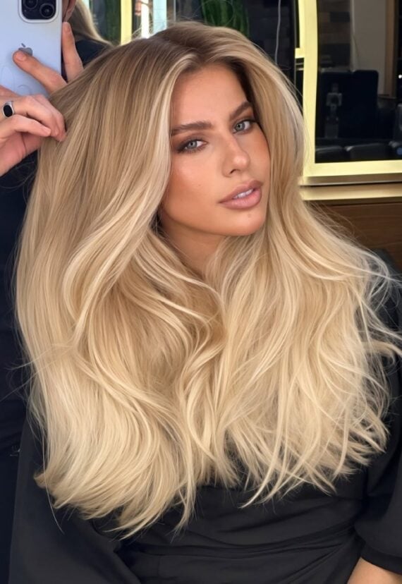 Mid-Back Champagne Blonde With Balayage Mid-Back Champagne Blonde With Balayage — Simple Champagne Blonde