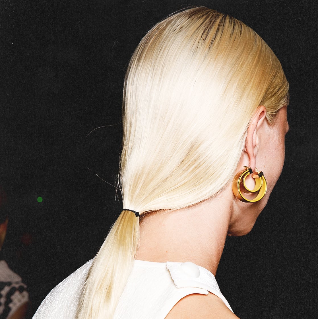 Mid-Back Platinum Blonde Sleek Ponytail Mid-Back Platinum Blonde Sleek Ponytail — Simple Champagne Blonde