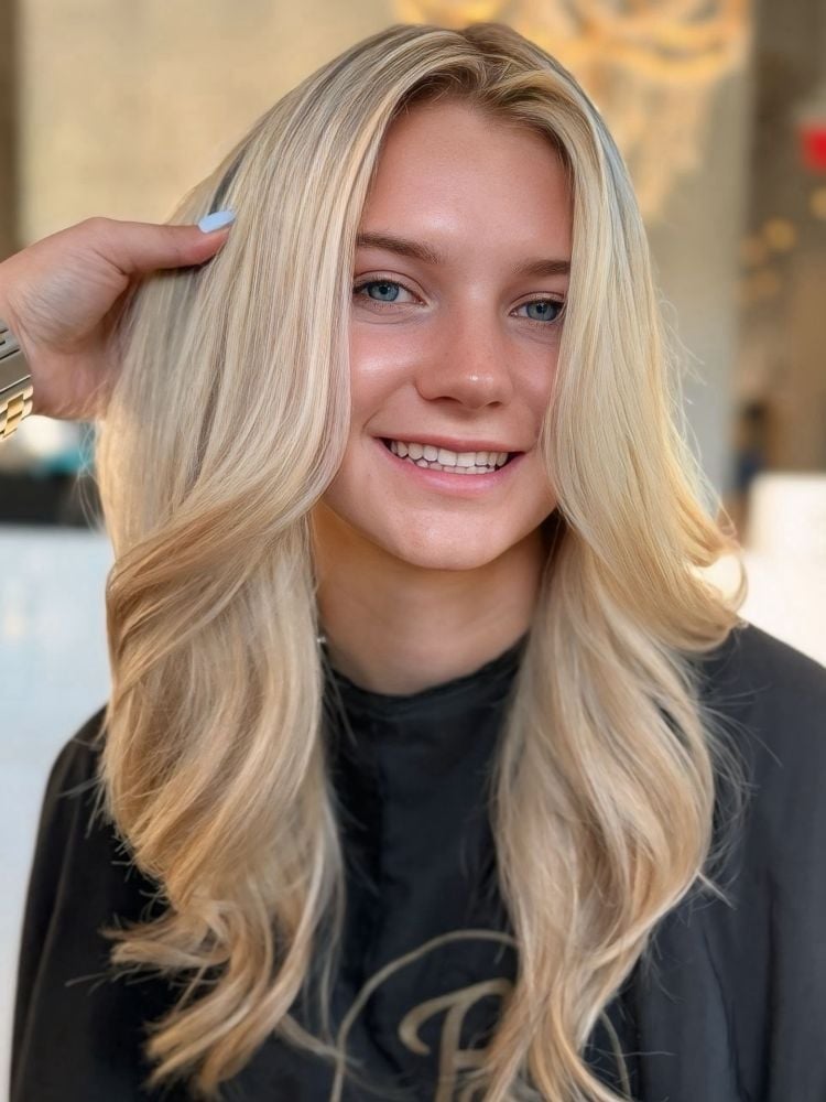 Shoulder Length Ash Blonde With Face-Framing Layers Shoulder Length Ash Blonde With Face-Framing Layers — Simple Champagne Blonde