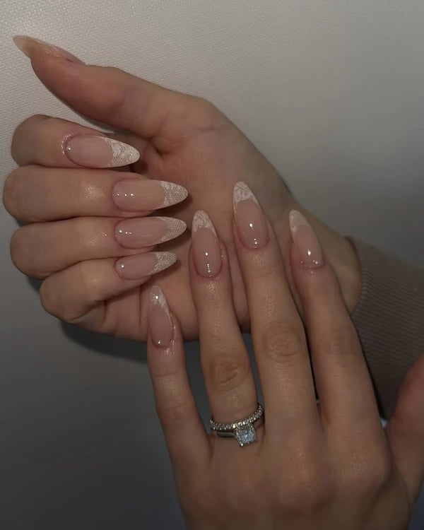 Almond Nails with White Lace French Tips Almond Nails with White Lace French Tips — Simple Champagne Nails