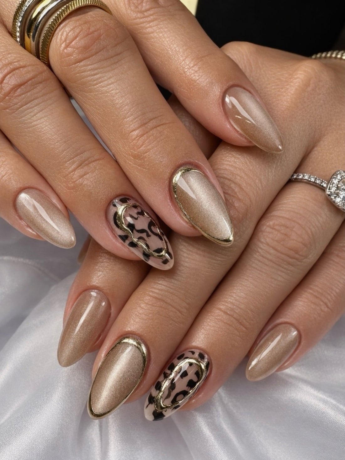 Golden Beige Satin Almond Nails with Leopard Print Golden Beige Satin Almond Nails with Leopard Print — Simple Champagne Nails