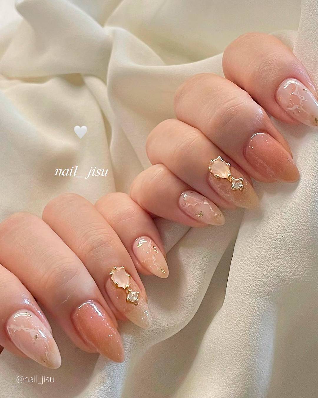 Long Almond Marble with Gold Foil and Charms Long Almond Marble with Gold Foil and Charms — Simple Champagne Nails