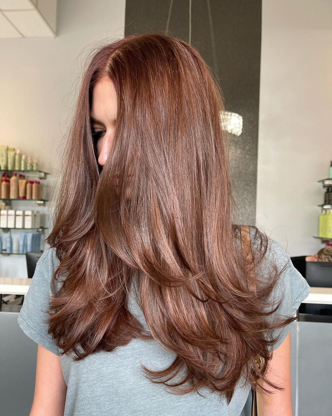 Mid-Back Layers With Soft Waves and Rich Chestnut Mid-Back Layers With Soft Waves and Rich Chestnut — Simple Chestnut Hair