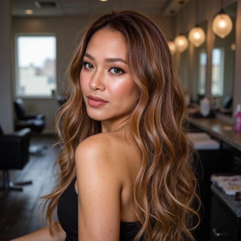 Mid-Back Waves With Balayage Highlights, Wavy Mid-Back Waves With Balayage Highlights, Wavy — Simple Chestnut Hair