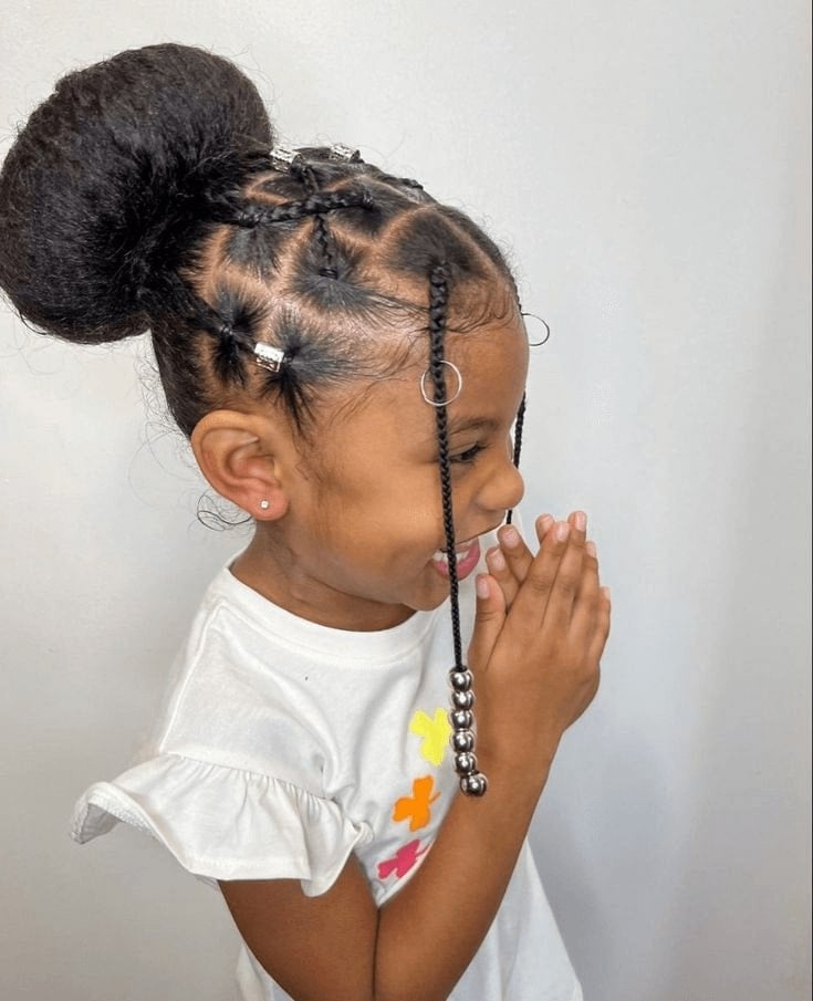Braids to High Bun With Beads and Rings Braids to High Bun With Beads and Rings — Simple Children Hairstyles