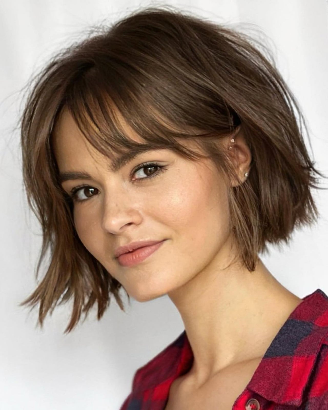 Dark Brown Bob With Wispy Bangs Dark Brown Bob With Wispy Bangs — Simple Chin Length Bob