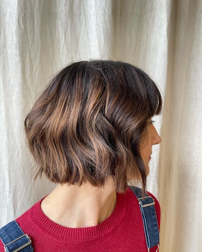 Dark Bob With Balayage And Blunt Bangs Dark Bob With Balayage And Blunt Bangs — Simple Chin Length Bob