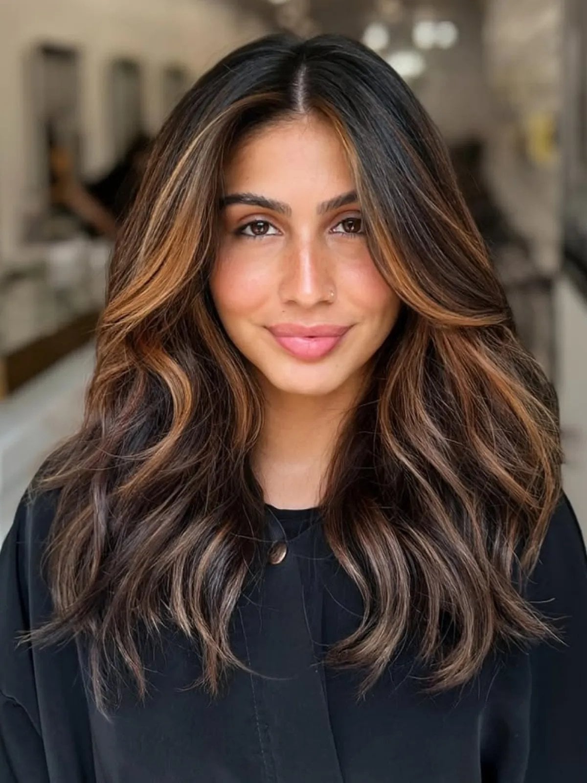 Dark Chocolate With Caramel Balayage And Curtain Bangs Dark Chocolate With Caramel Balayage And Curtain Bangs — Simple Chocolate Balayage