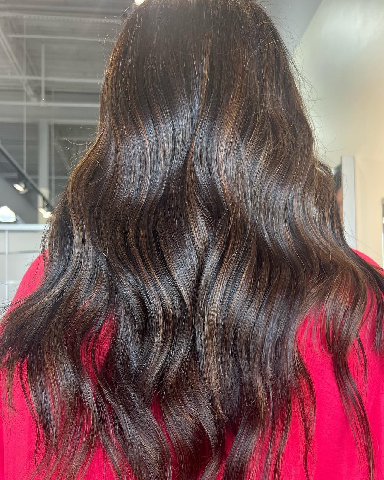 Dark Brown With Warm Chocolate Balayage Dimension, Mid-Back Dark Brown With Warm Chocolate Balayage Dimension, Mid-Back — Simple Chocolate Balayage