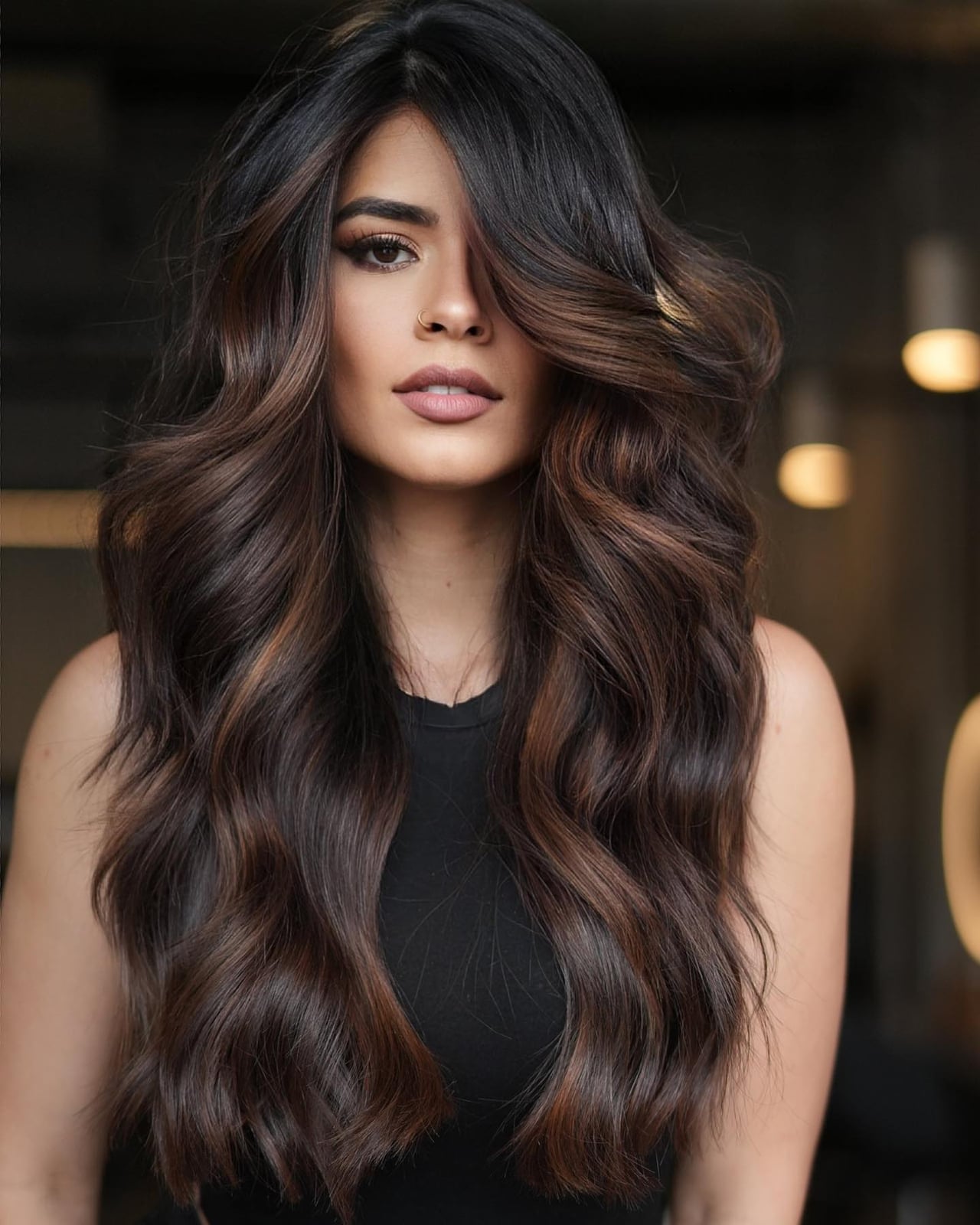 Dark Brown With Warm Chocolate Balayage Loose Waves, Wavy Dark Brown With Warm Chocolate Balayage Loose Waves, Wavy — Simple Chocolate Balayage